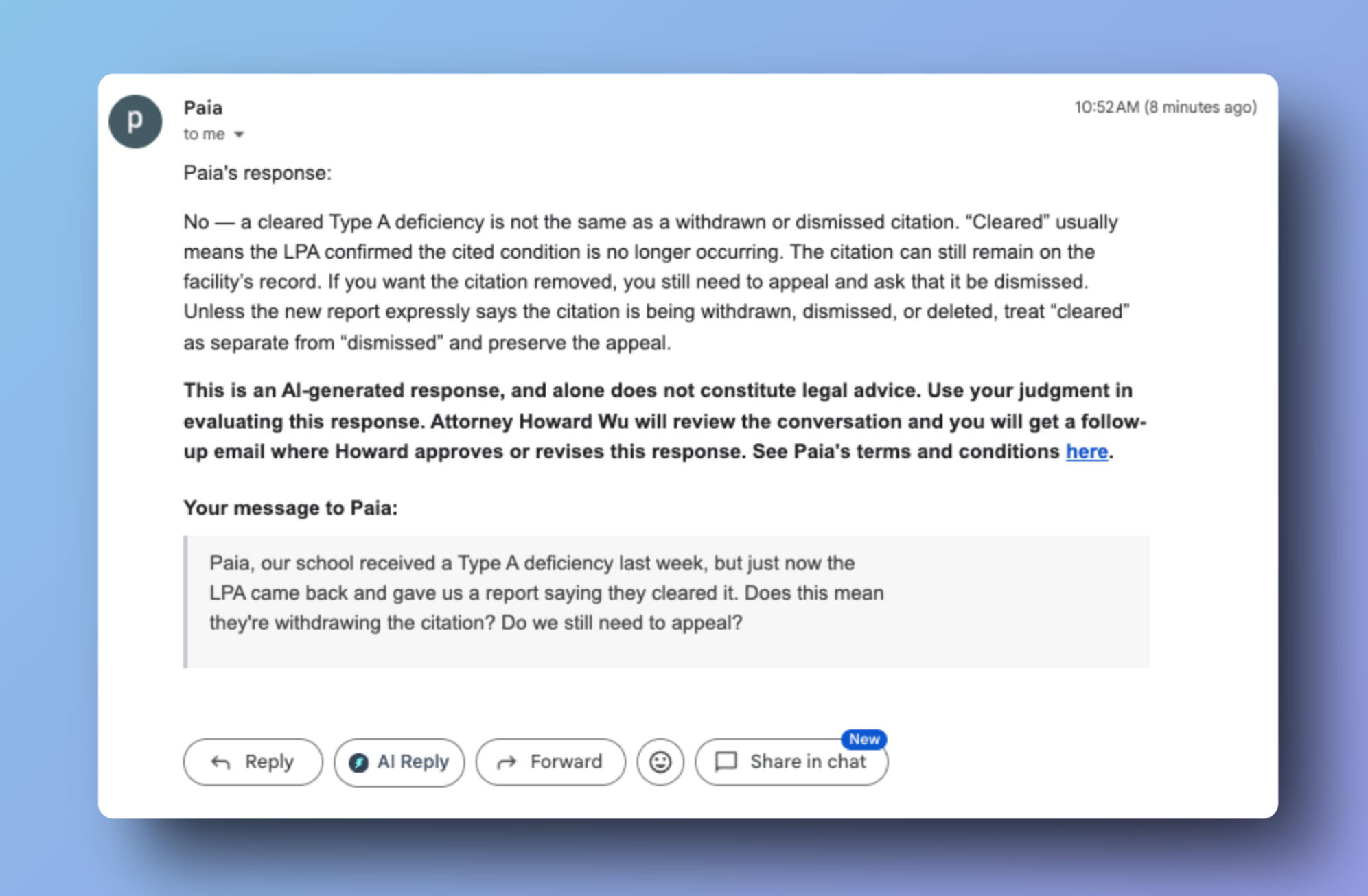 Screenshot of email to Paia asking if a deficiency being "cleared" means it has been dismissed, and Paia's response that no, a "cleared" deficiency just means that the LPA confirmed the deficiency is no longer ongoing, but the citation should still be appe